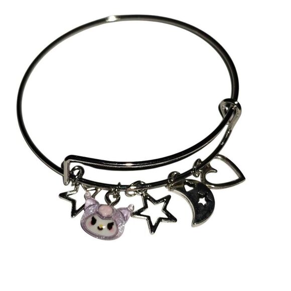 Silver Kawaii Hello Kitty Kuromi Charm Bangle Adjustable Bracelet - Picture 1 of 3
